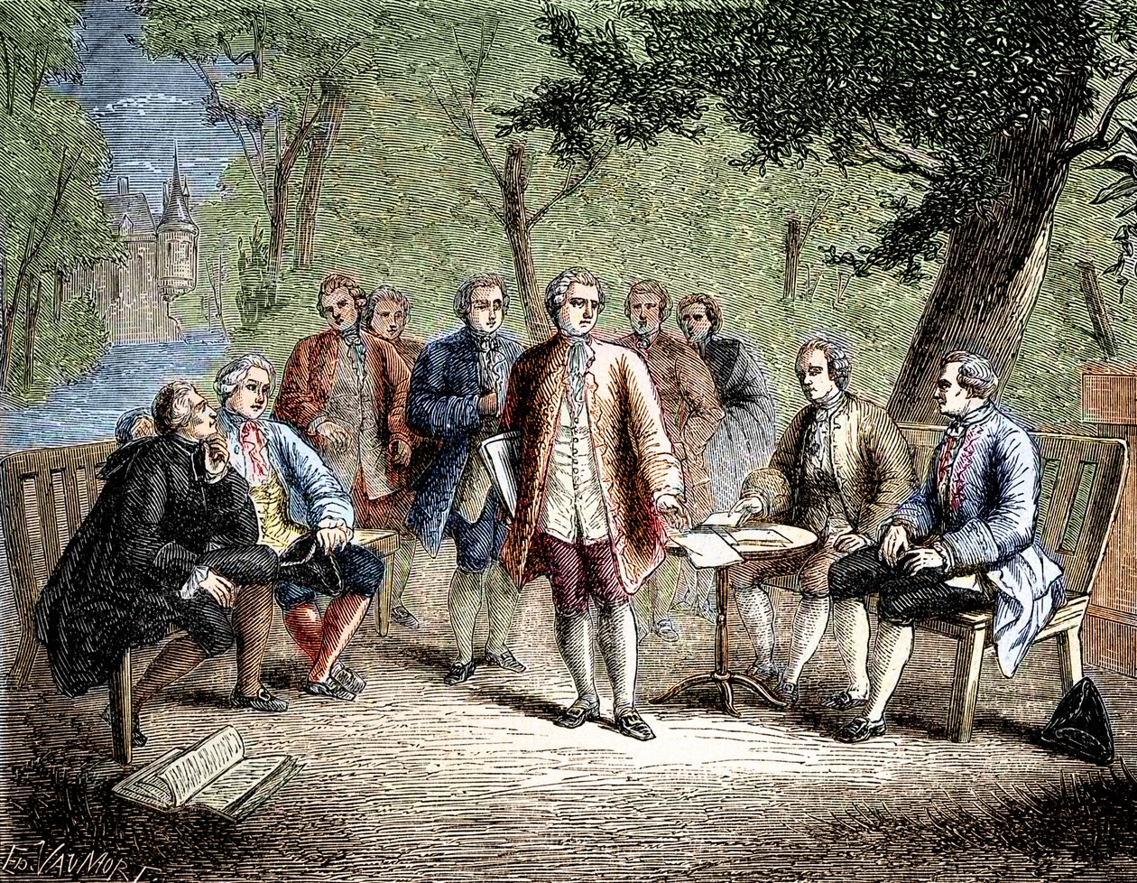 Charles de Secondat Montesquieu con el cenáculo científico en el Castillo Clairac, Francia - El cenáculo científico del castillo de Clairac: Montesquieu y el barón de Secondat, su hijo, el caballero de Vivens, Romas y los hermanos Dutilh - en "Álbum de la  de Unknown artist