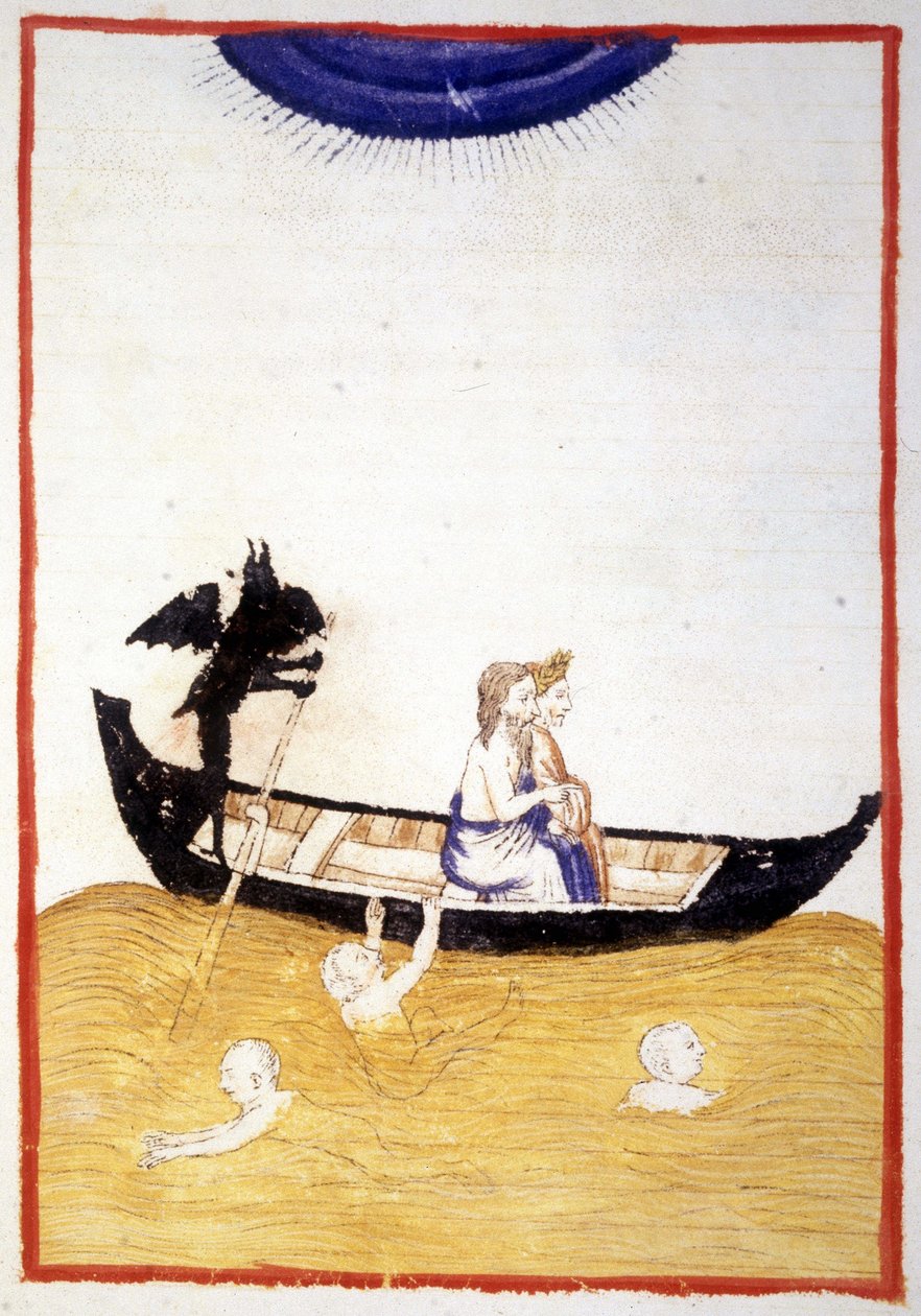 Caronte (Caron) hace que Dante y Virgilio crucen el río Aqueronte del Inframundo - en "La Divina Comedia" de Dante Alighieri, miniatura de un manuscrito del siglo XIV, Bibl. Municipal de Rimini. de Unknown artist