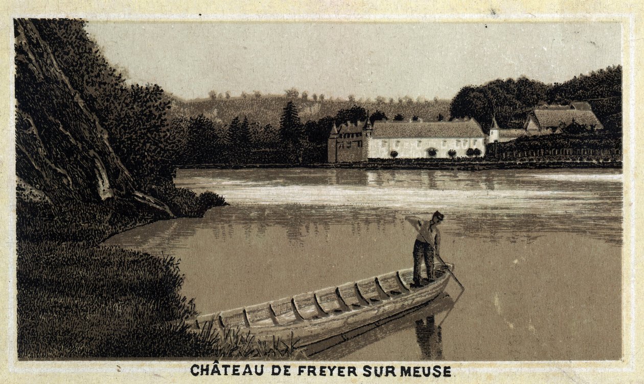 Castillo de Freyer sur Meuse (Freyer-Sur-Meuse), Bélgica. Cromolitografía de finales del siglo XIX de Unknown artist