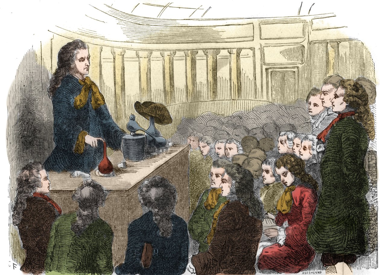Curso de química por Guillaume-Francois Rouelle (1703-1770), químico francés, en la Academia de Ciencias en 1744. Grabado de 1861 de Unknown artist