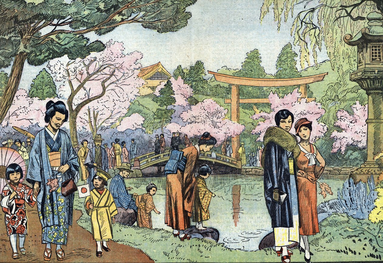 Cherry Blossoms in Spring, Japan (Cerezos japoneses en flor en Japón en primavera, abril de 1933) Ilustración de "Le pelerin" 1933 Colección particular de Unknown Artist