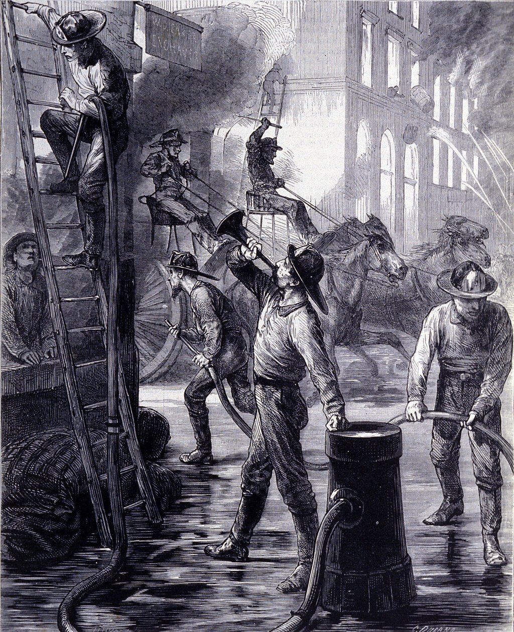 Brigada de Bomberos de Chicago apagando un incendio, Estados Unidos. Siglo XIX de Unknown artist