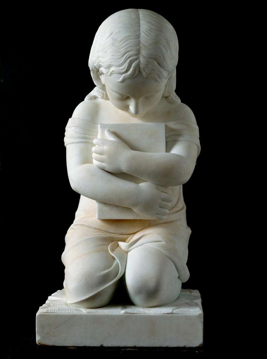 Niño arrodillado sosteniendo un libro en sus brazos Anónimo escultura de mármol del siglo XIX de la colección del Príncipe Odon di Savoia. Dim. 63x30x30 cm Génova, Galleria d