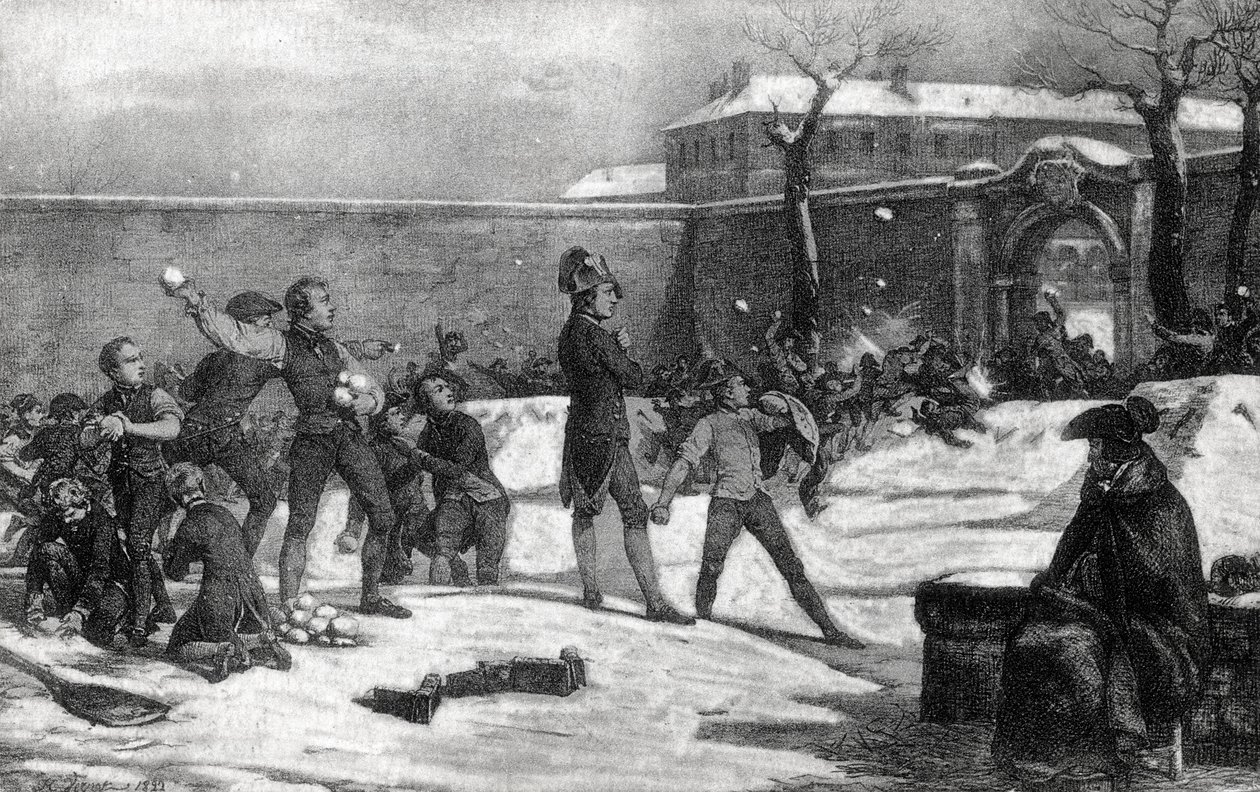 Infancia de Napoleón I Bonaparte (1769 - 1821) en la escuela militar de Brienne le Chateau (Aube) en 1782: Napoleón en medio de una batalla de bolas de nieve entre niños. de Unknown artist