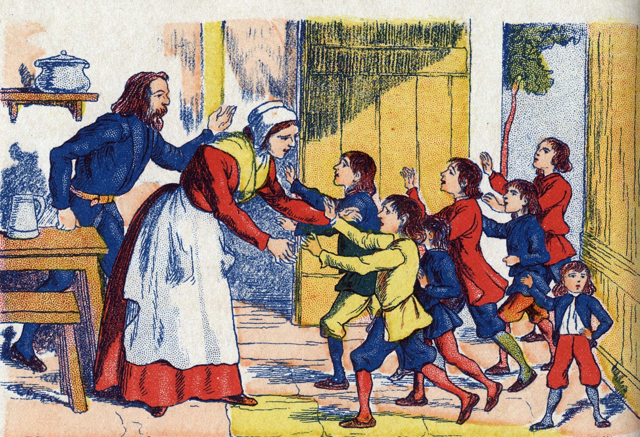 El regreso de los niños. Ilustración para el cuento “Le Petit Poucet” de Charles Perrault (1628-1703), escritor francés. Ilustración anónima. Imágenes de Marcel Vagne, Jarville Nancy, sin fecha (finales del siglo XIX) de Unknown artist