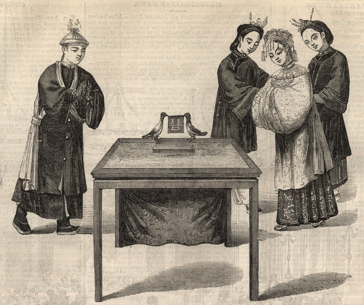 Costumbre china: firma de un contrato de matrimonio. Una tableta con los nombres de los dos esposos se coloca en una mesa con dos palomas. Grabado en “The Illustrated London News” del 14 de febrero de 1857. de Unknown artist