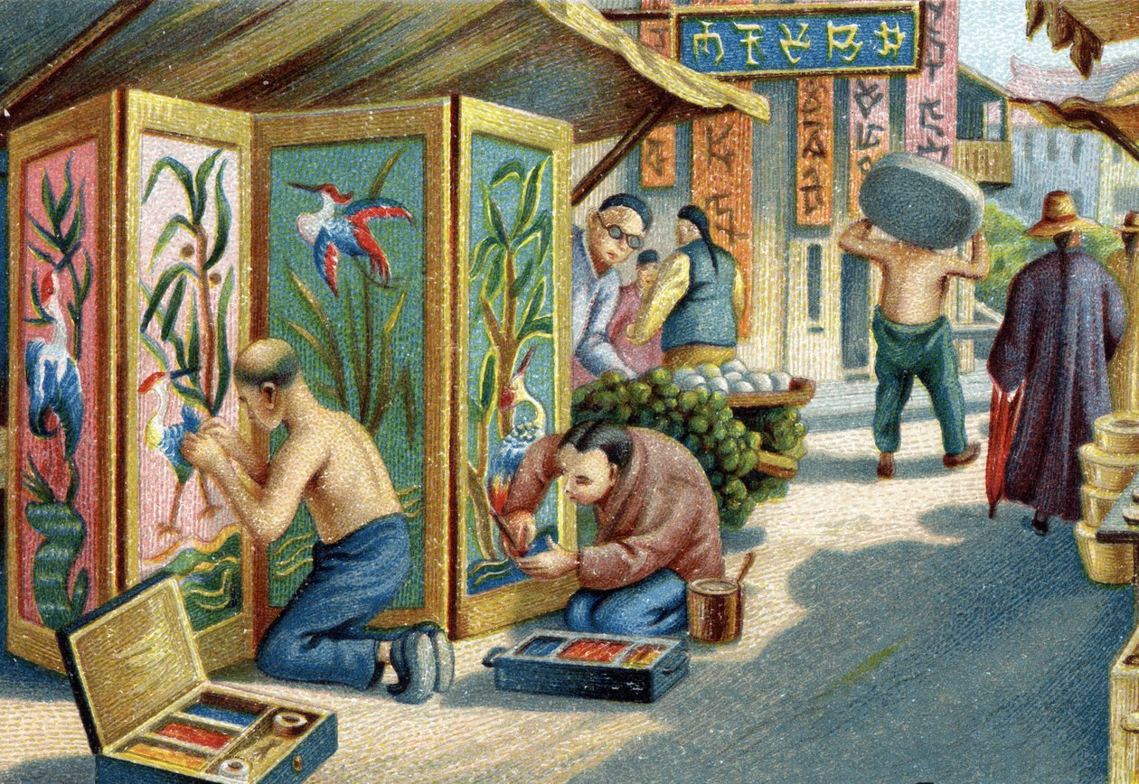 Plumistas chinos trabajando en la calle: hacen paneles o pantallas usando una aguja y plumas. Cromolitografía del siglo XIX de Unknown artist