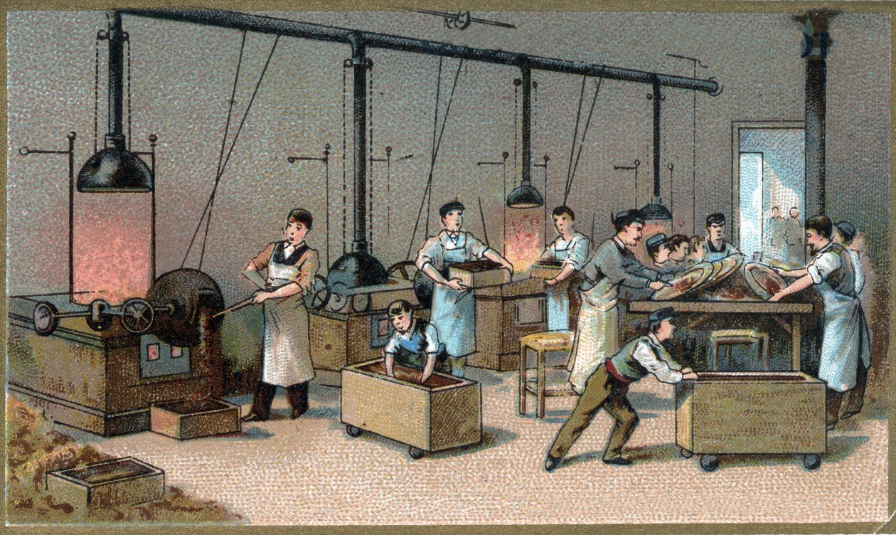 Fabricación de chocolate. Sala de torrefacción de cacao. Cromolitografía de finales del siglo XIX de Unknown artist