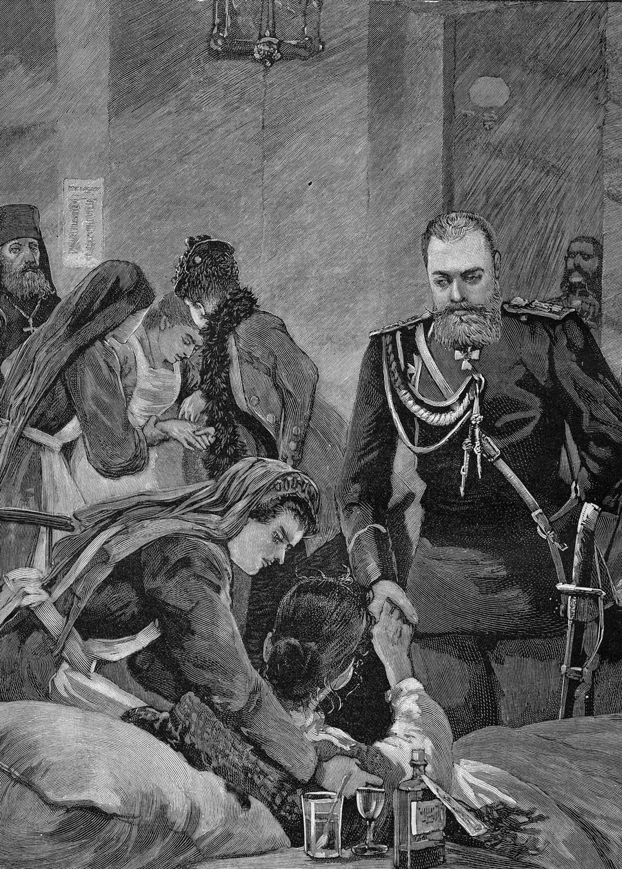 Cólera en Rusia en 1892: Alejandro III, Emperador de Rusia y su esposa María Feodorovna, visitan un hospital. Grabado de 1892 de Unknown artist