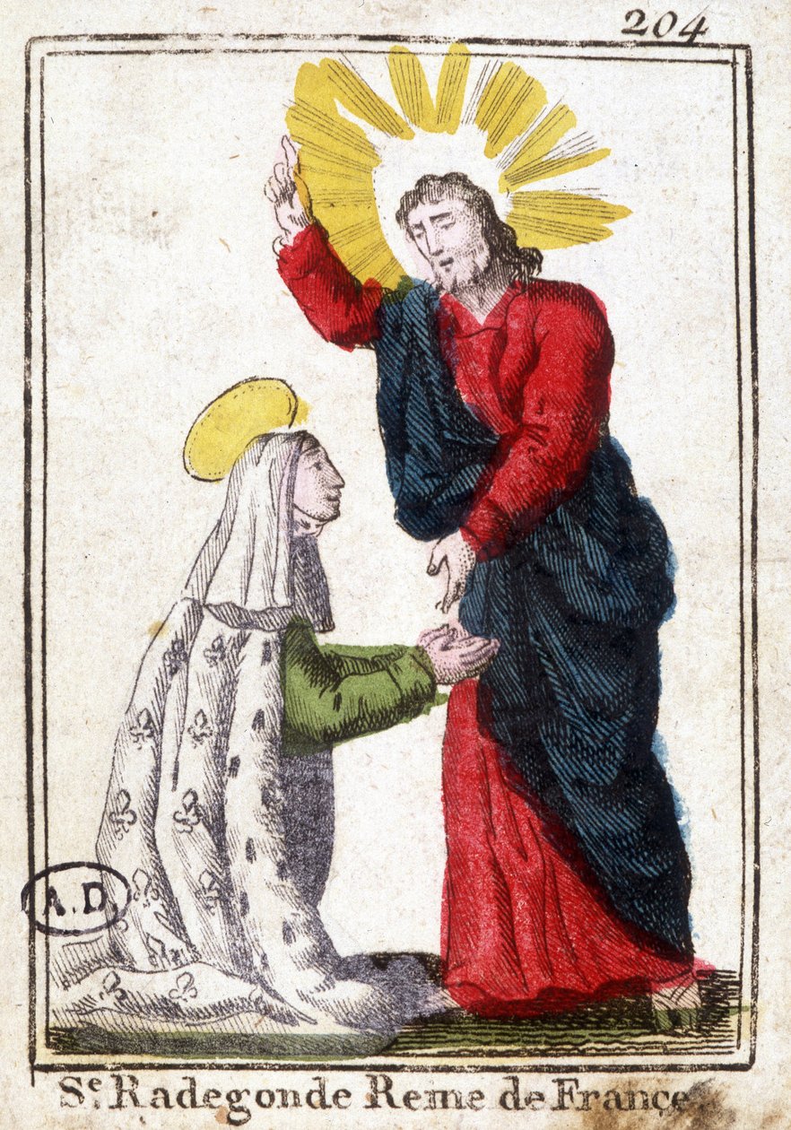 Cristo y Santa Radegunda (ca. 520 - 587), Reina de Francia, esposa de Clotario I. Imagen piadosa. Grabado de principios del siglo XIX. Biblioteca de Artes Decorativas de París de Unknown artist