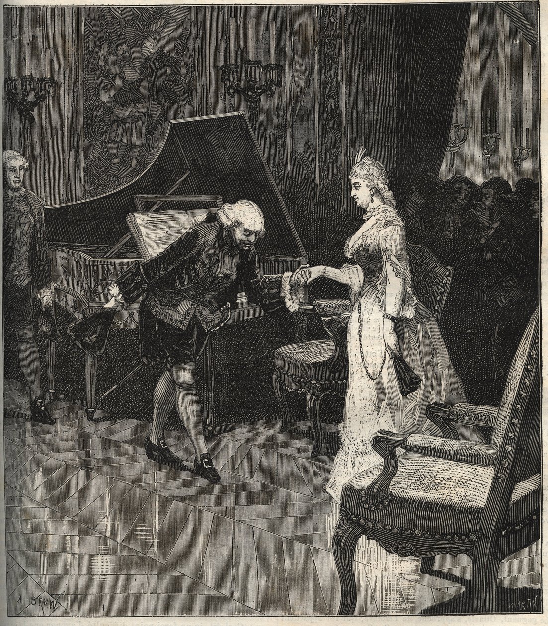 Christoph Willibald Gluck ante la reina María Antonieta en Trianon - Christoph Willibald Gluck (1714-1787), compositor alemán tocando frente a la Reina María Antonieta en Trianon - grabado en 