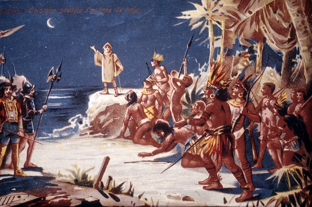 Cristóbal Colón predice el eclipse de luna a los indios. Cromolitografía del siglo XIX de Unknown artist