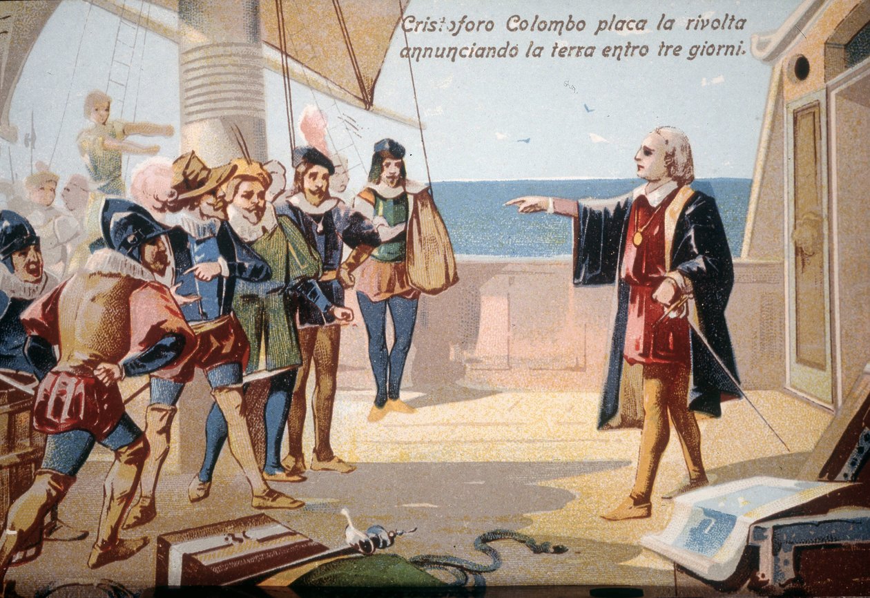 Cristóbal Colón detuvo la revuelta de la tripulación anunciando la tierra en tres días. Cromolitografía del siglo XIX de Unknown artist