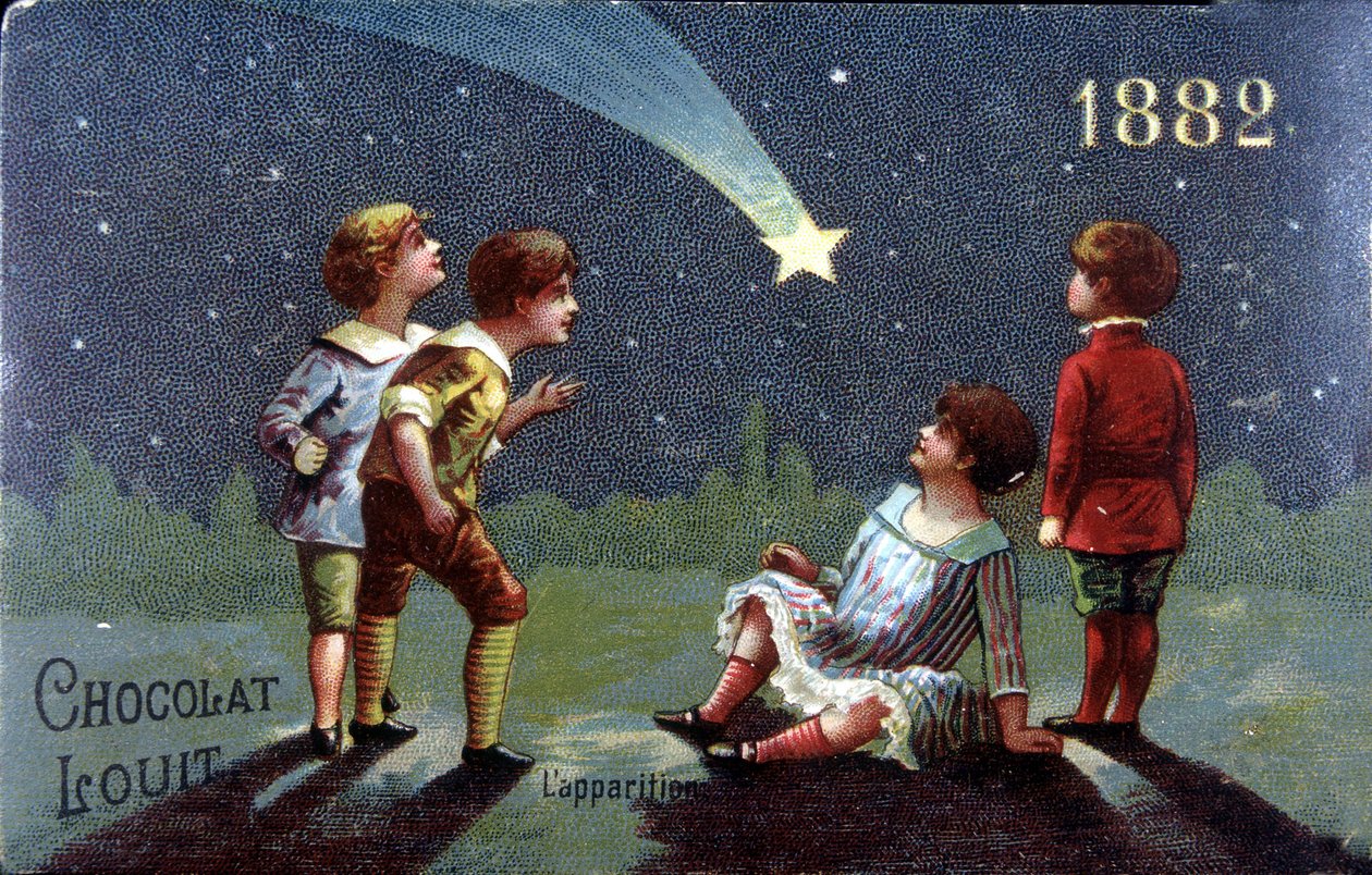 Cromolitografía Chocolat Louit de 1882. Niños piden un deseo al aparecer la estrella. de Unknown artist