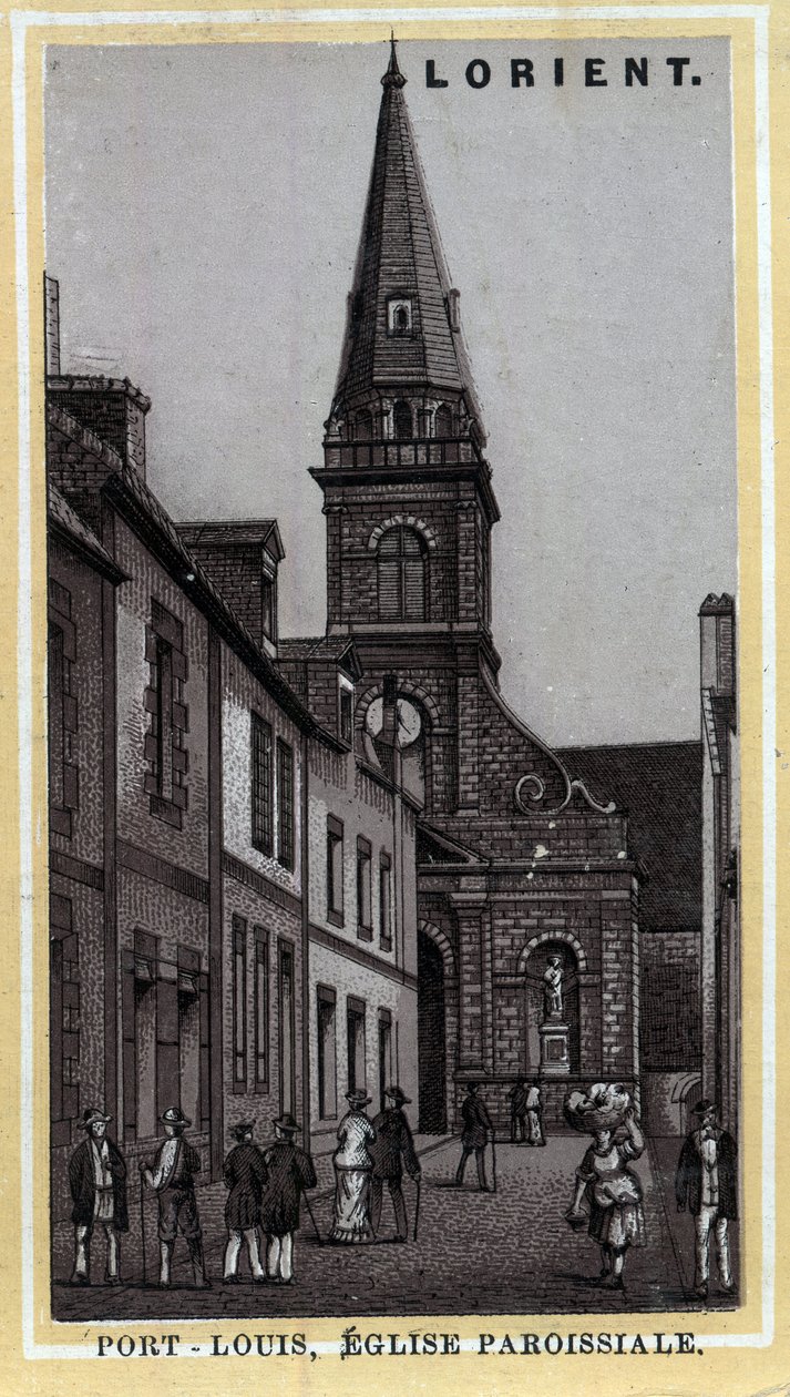 Iglesia parroquial de Port Louis (Port Louis) País de Lorient, Morbihan, Bretaña. Cromolitografía de finales del siglo XIX de Unknown artist