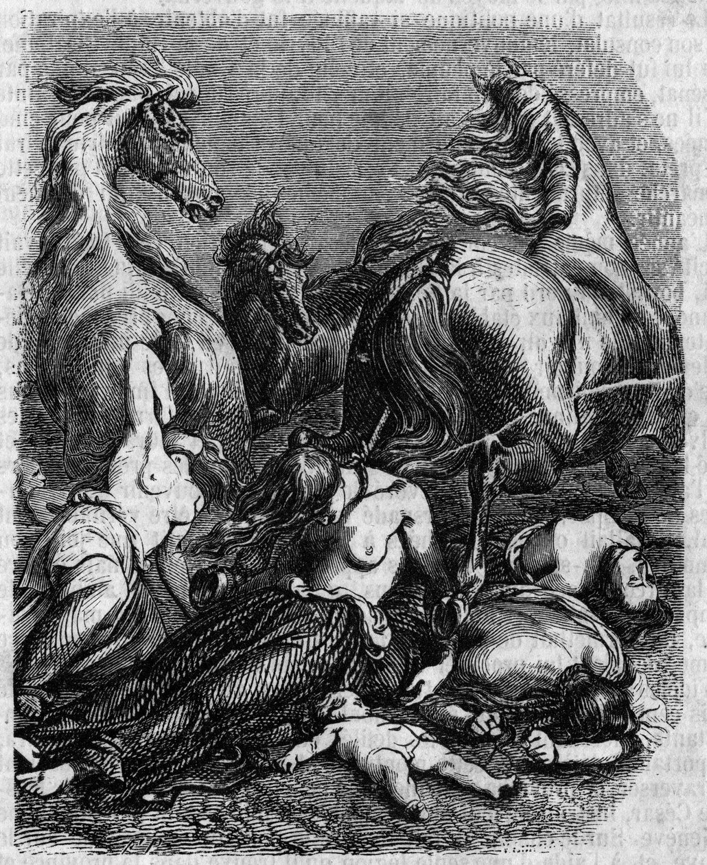 Guerra de los Cimbros alrededor del 120 a.C.: mujeres, ancianos y niños de la tribu de los Ambrones se lanzan bajo los caballos enemigos o mueren para evitar la esclavitud por los romanos. de Unknown artist