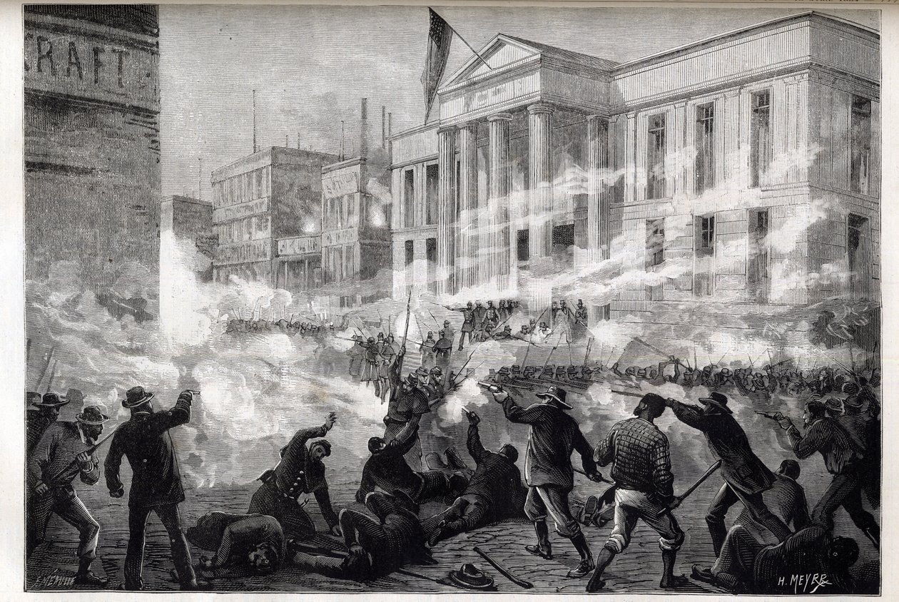 Disturbios en el Palacio de Justicia de Cincinnati de 1884 - un disturbio iniciado después de un veredicto de homicidio involuntario tras un juicio por asesinato notorio, 28 de marzo de 1884 de Unknown artist