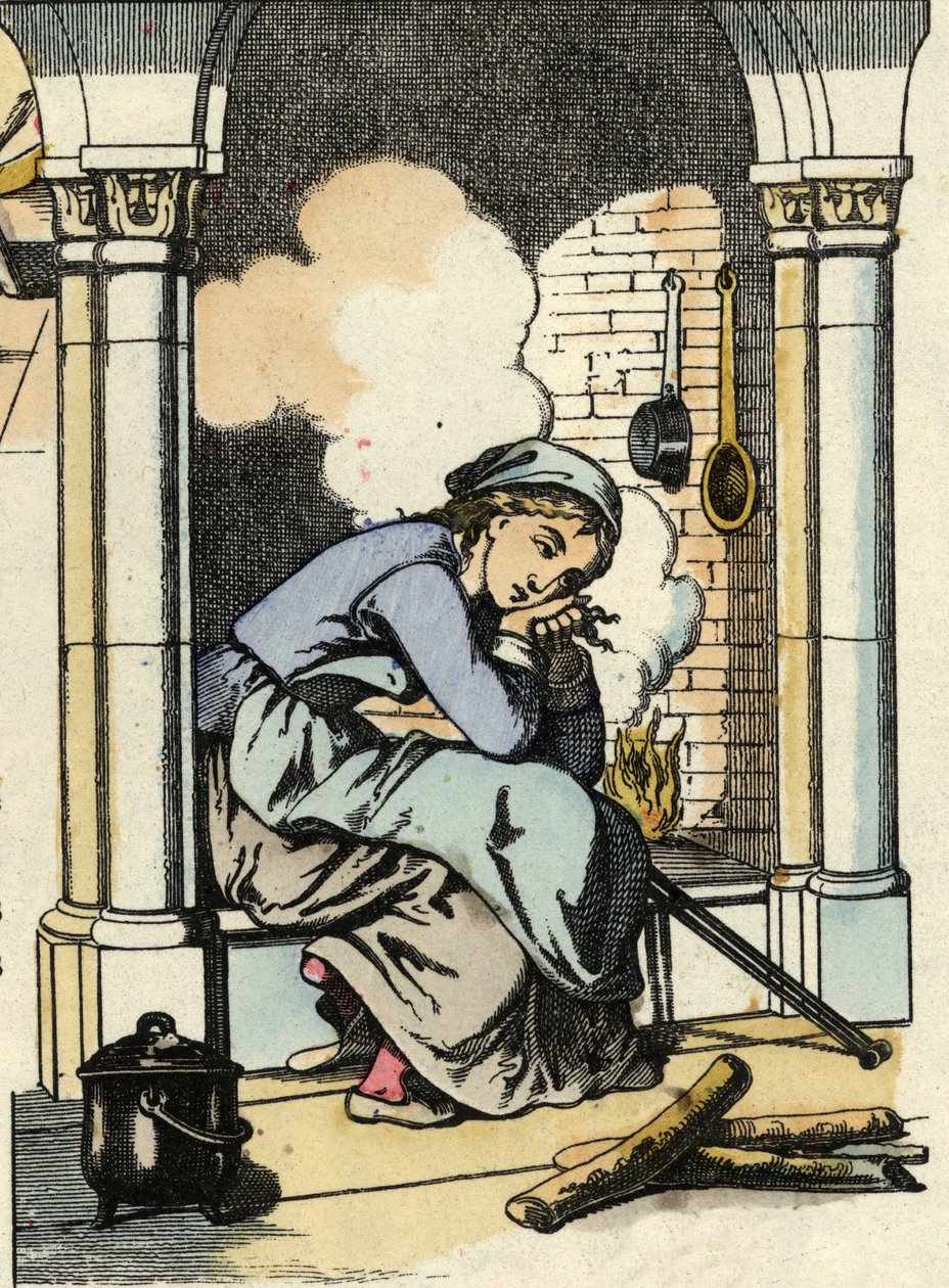 Cenicienta sueña con una vida mejor cerca de la chimenea de la cocina. Ilustración del cuento de Charles Perrault "Cenicienta o La pequeña zapatilla de cristal" de Unknown artist