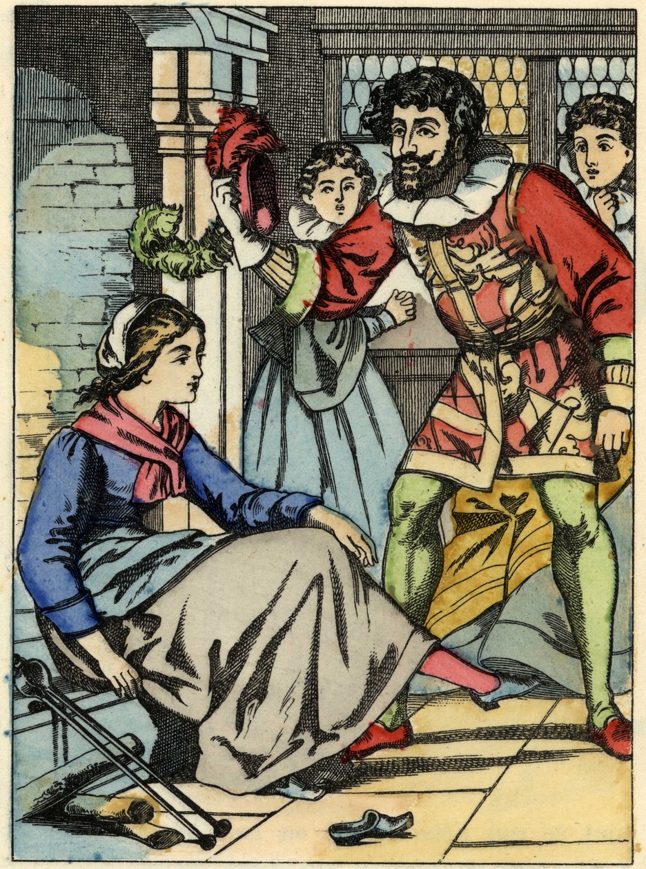 Cenicienta prueba el zapato de cristal encontrado por el príncipe. Ilustración del cuento de Charles Perrault “Cenicienta o La pequeña zapatilla de cristal” de Unknown artist