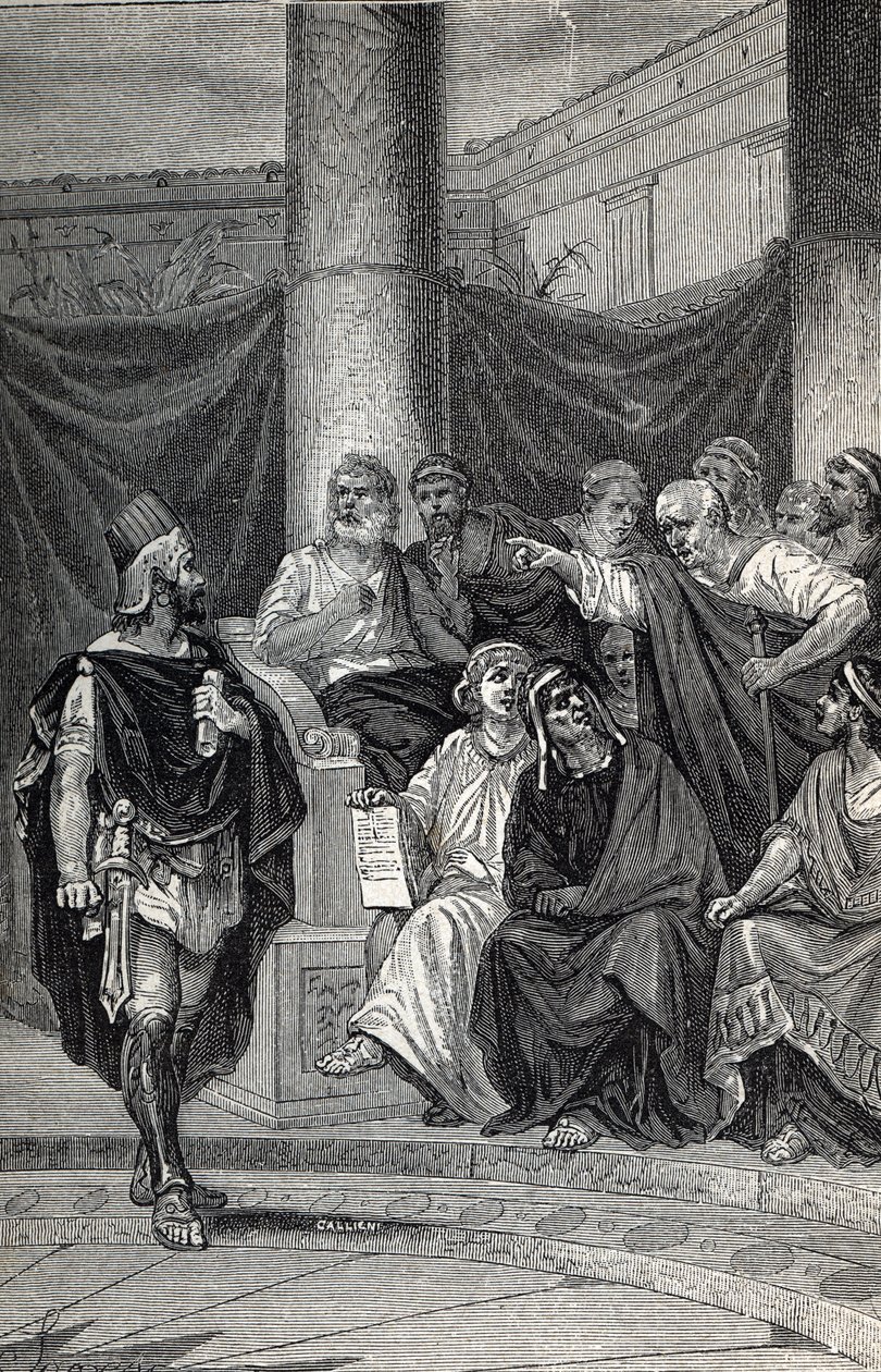 Cineas importante consejero del Rey Pirro tratando de negociar con los romanos después de la Batalla de Heraclea 280 a.C., Grabado 1884 de Unknown artist