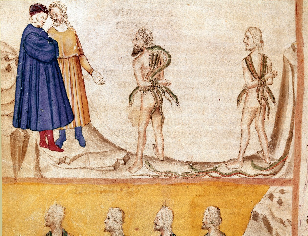 Círculo de ladrones: Vanni Fucci (siglo XIII) predice a Dante y Virgilio la derrota de los Guelfos Blancos. Página iluminada que ilustra el canto 24 del Infierno de la 