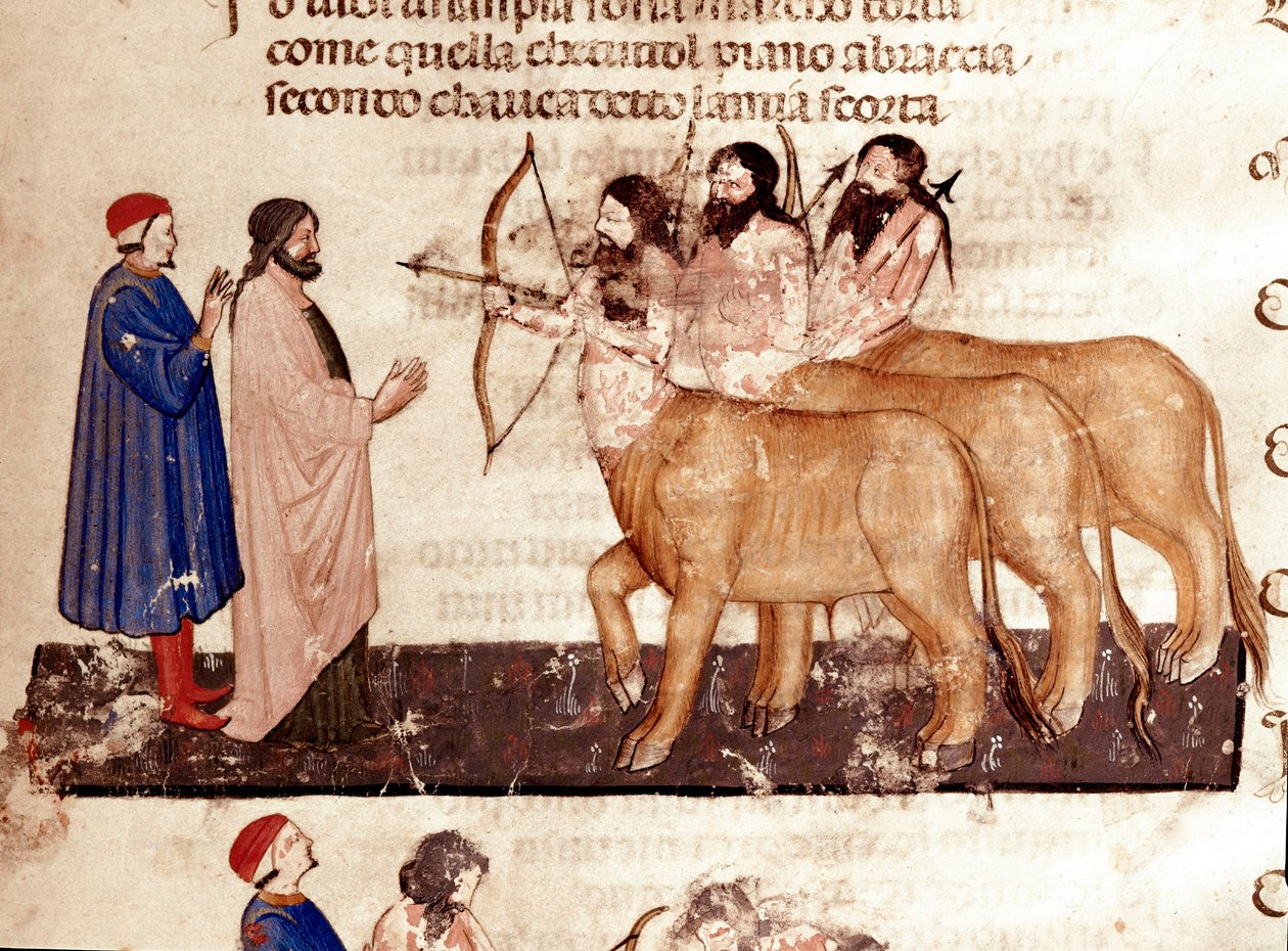 Círculo de los Violentos: Dante y Virgilio se encuentran con Centauros armados con arcos y flechas. Página iluminada que ilustra el séptimo canto del Infierno de la 