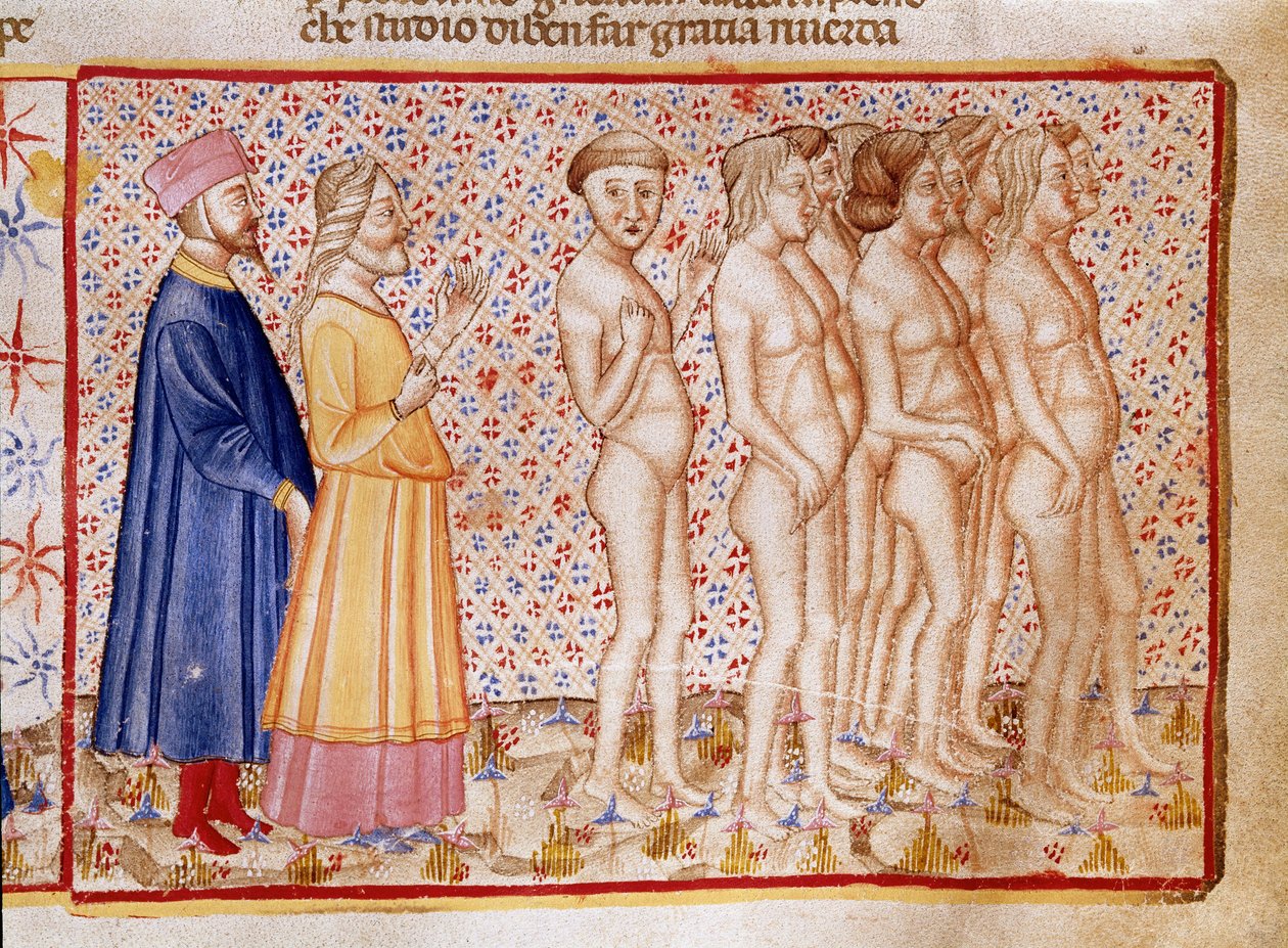 Círculo de violentos contra Dios, la naturaleza y el arte: Dante y Virgilio encuentran blasfemos. Página iluminada que ilustra un canto del Infierno de la 