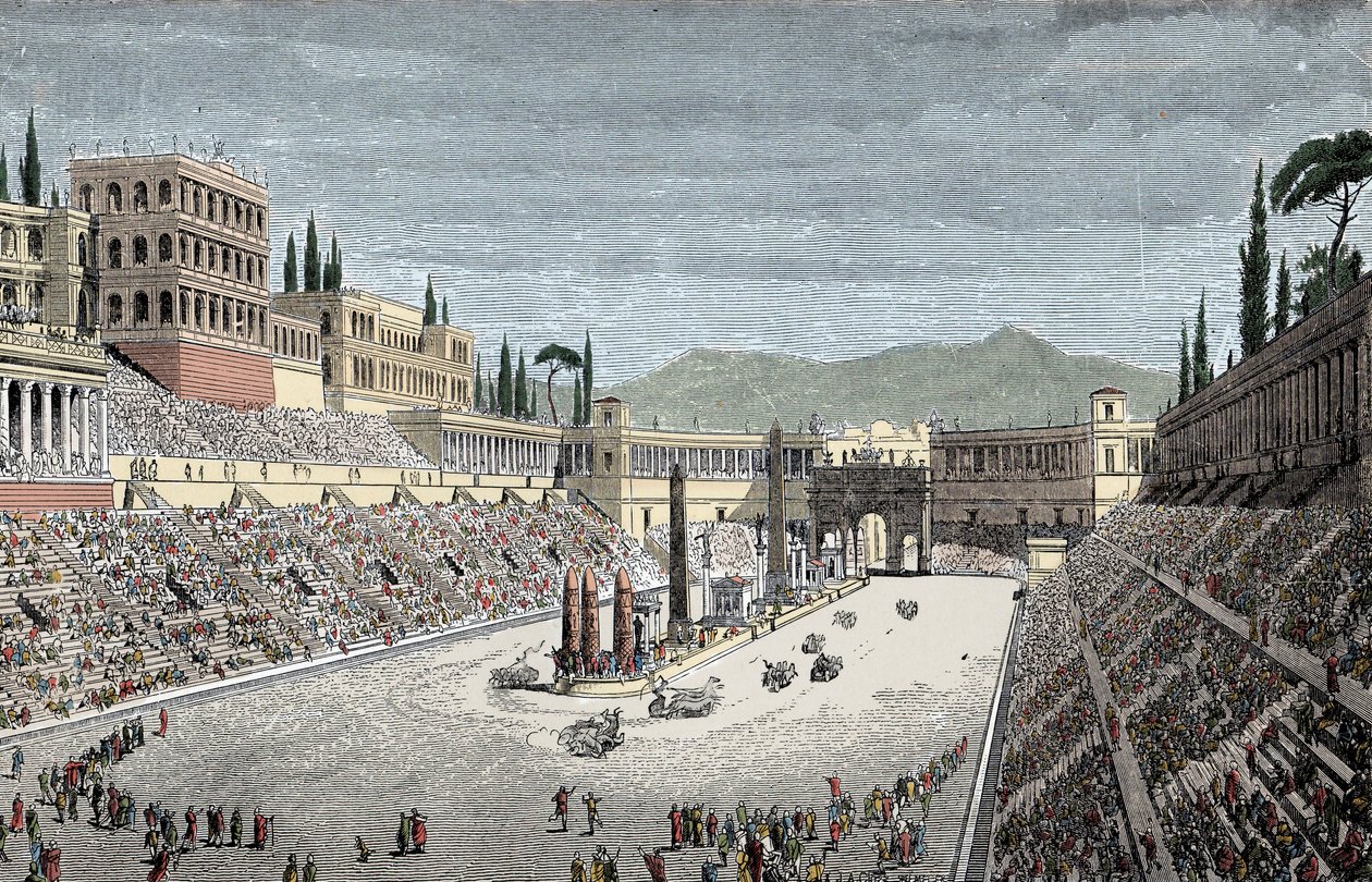 Circo Máximo - El gran circo o circo Máximo, en Roma, con una carrera de carros - Grabado en color de Unknown artist