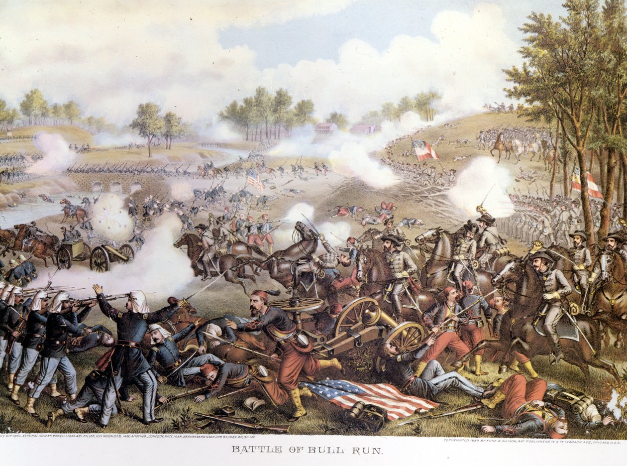 Guerra Civil Americana (1861-1865), Primera Batalla de Bull Run o Primera Batalla de Manassas: Virginia, los confederados comandados por el General Beauregard derrotaron a las tropas nórdicas del General Mac Dowell. Grabado de Unknown artist