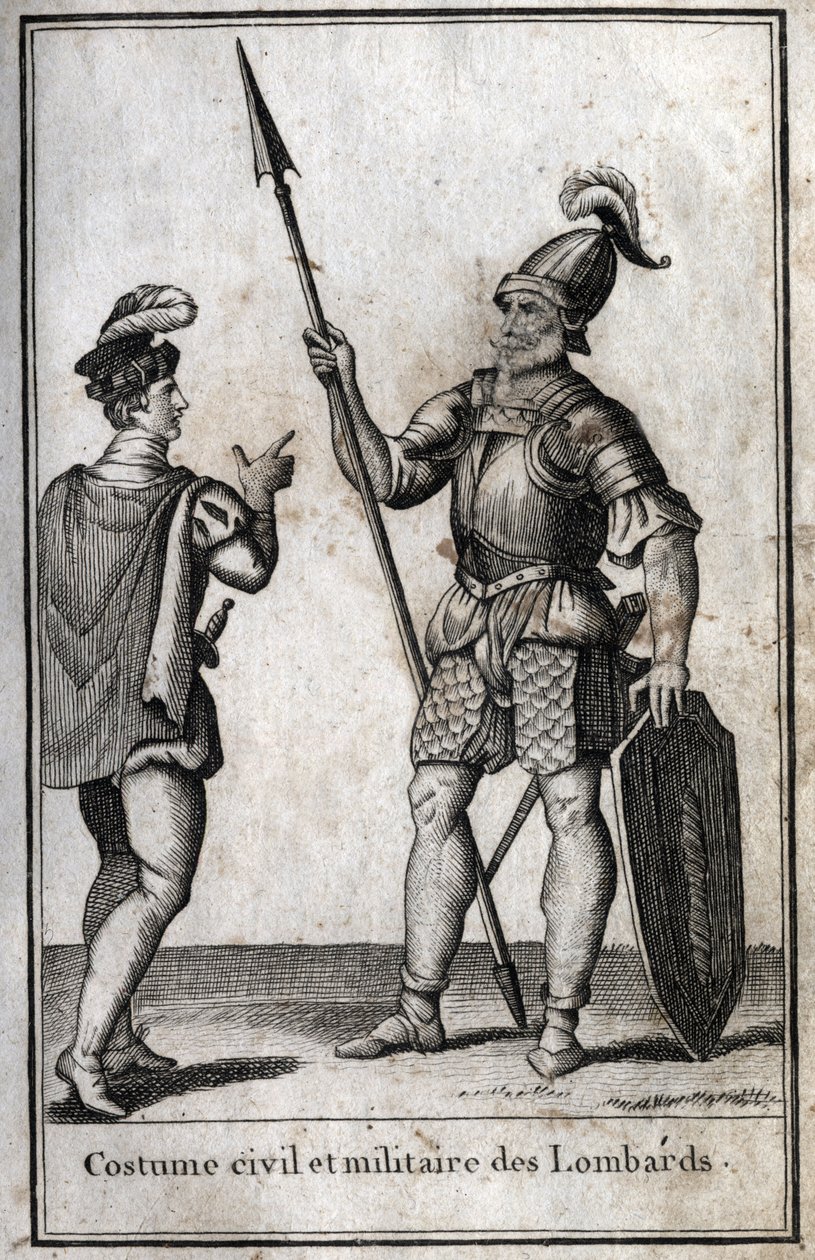 Traje civil y militar de los lombardos (Lombardía) en la Edad Media. Grabado en “Beaute de l