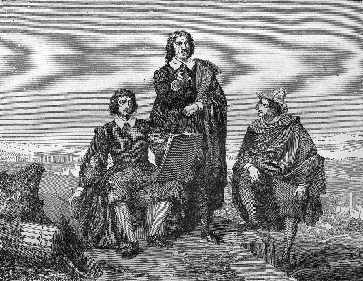 Claude Lorrain, Nicolas Poussin y Gaspard Dughet (el Guaspre Poussin) en la región romana. Grabado del siglo XIX. de Unknown artist