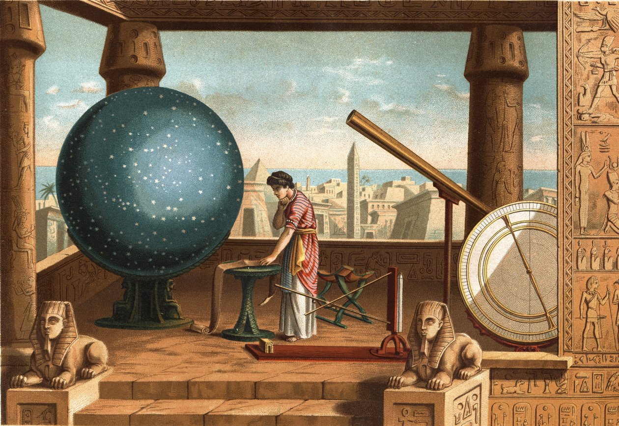 Claudio Ptolomeo (ca. 100 - ca. 170), erudito y astrónomo griego, en el Observatorio de Alejandría (Egipto). Barcelona 1877. de Unknown artist