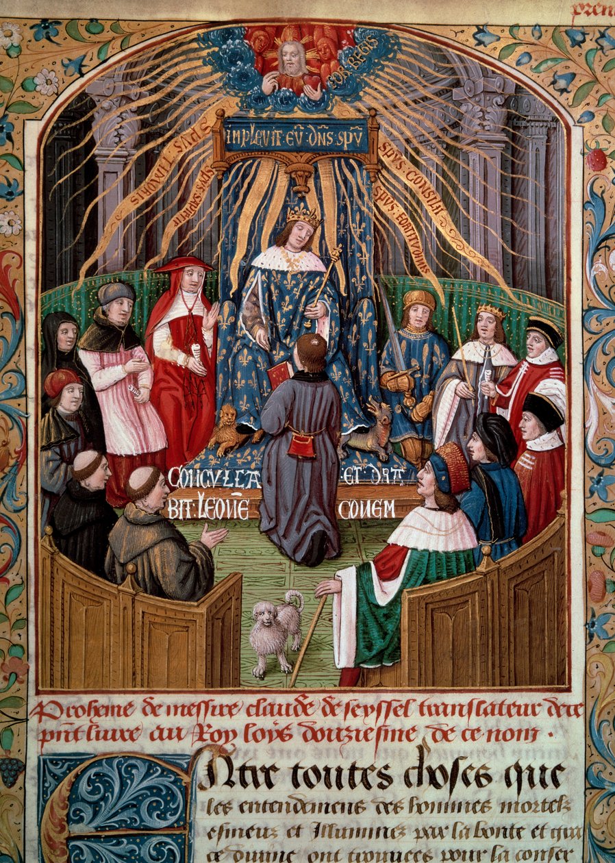 Claude de Seyssel (fallecido en 1520) ofrece su libro al rey Luis XII (1462-1515) Miniatura de 