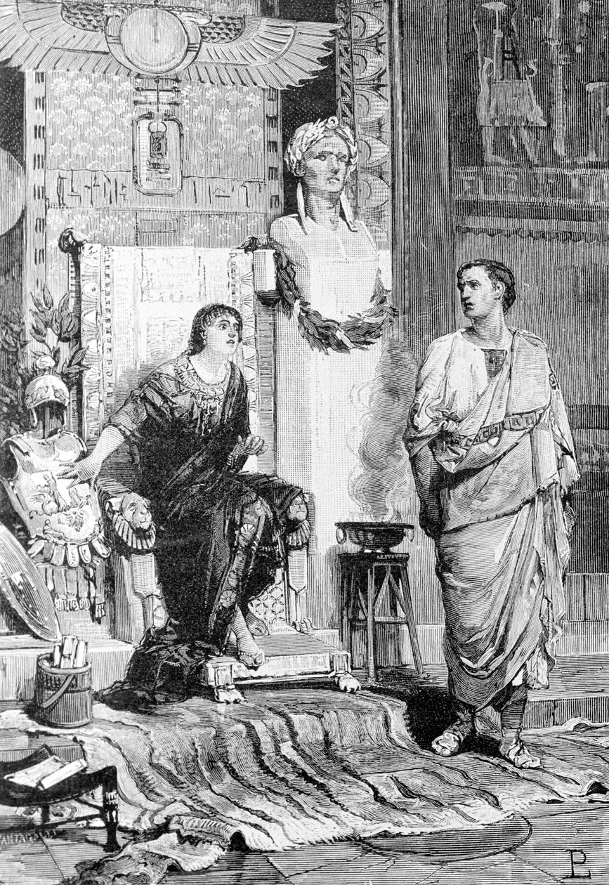 Cleopatra (69 a.C. - 30 a.C.), Reina de Egipto y Octavio, vino a hablar con ella después de la derrota de Actium y la muerte de Marco Antonio. Grabado del siglo XIX. Storia d