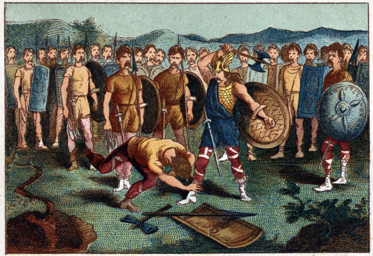 Clodoveo (465-511) y el guerrero franco que rompió el Vaso de Soissons en 486 - Clodoveo I derribando al soldado que había roto el Vaso de Soissons, en 486. Cromolitografía del siglo XIX de Unknown artist