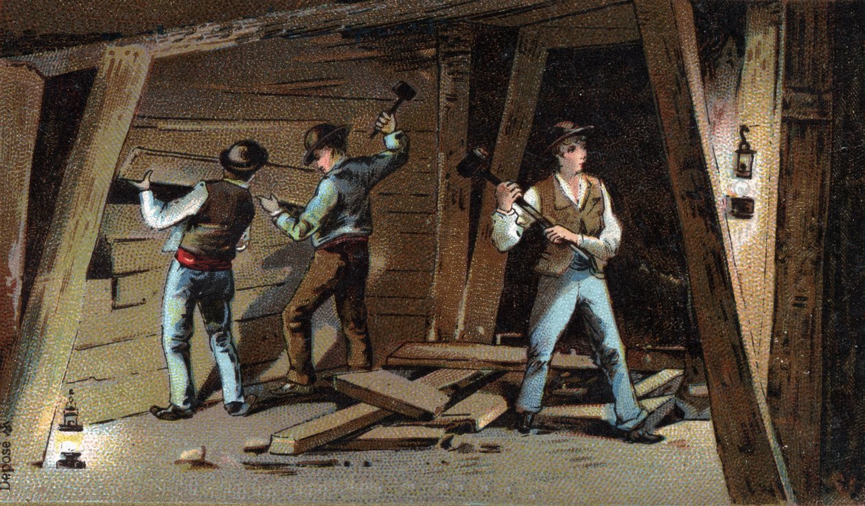 Mina de carbón en Francia a finales del siglo XIX: Galería de madera. Cromolitografía de finales del siglo XIX de Unknown artist