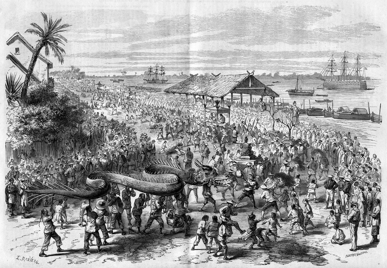 Cochinchina: procesión anual del dragón organizada por la congregación de Saigón en 1865. de Unknown artist