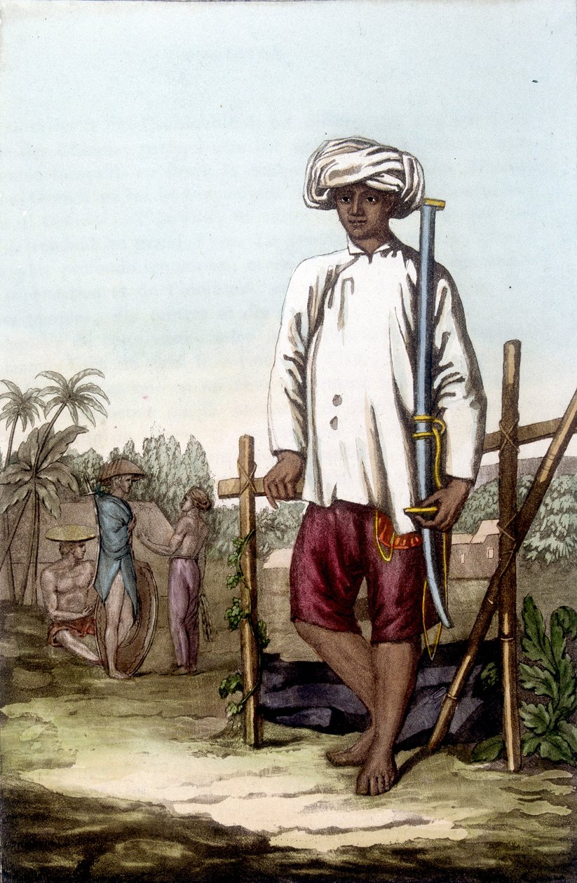 Soldado cochinchino. Biblioteca de artes decorativas de París “El traje antiguo y moderno” de Unknown artist