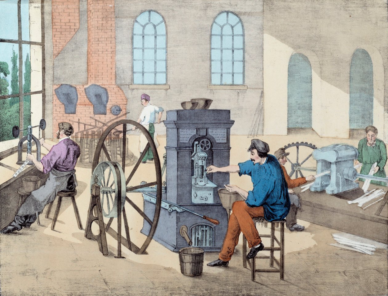 Fabricación de monedas: trabajadores en una fábrica en varias etapas, fundiendo y acuñando monedas. Grabado del siglo XIX de Unknown artist