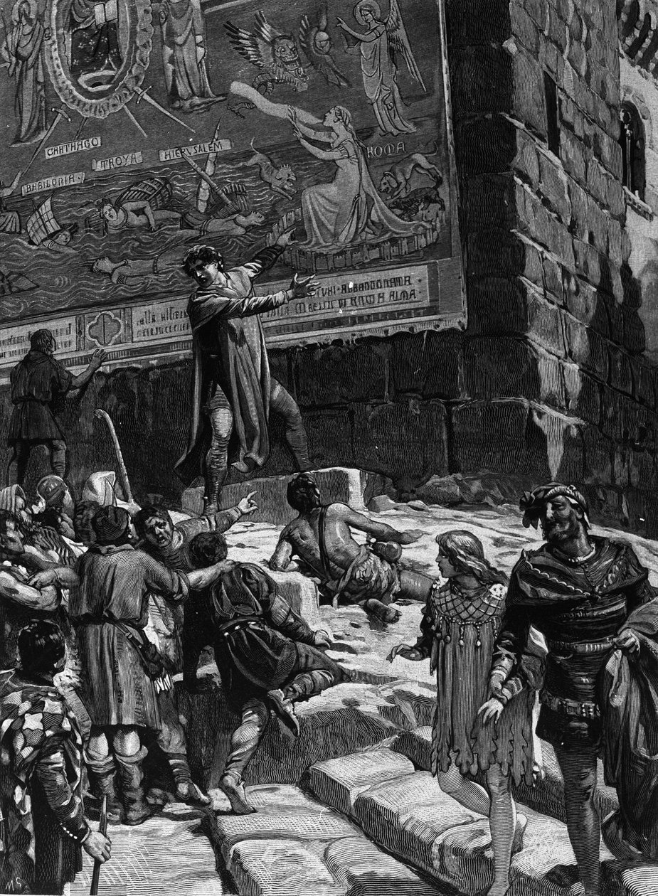 Cola di Rienzo (1314-1354), en la campaña para convertirse en tribuno del pueblo romano, explica al pueblo de Roma los frescos que había instalado en el Capitolio simbolizando la agonía de Roma en un mar desencadenado rodeado por Troya, Jerusalén, Cartago  de Unknown artist