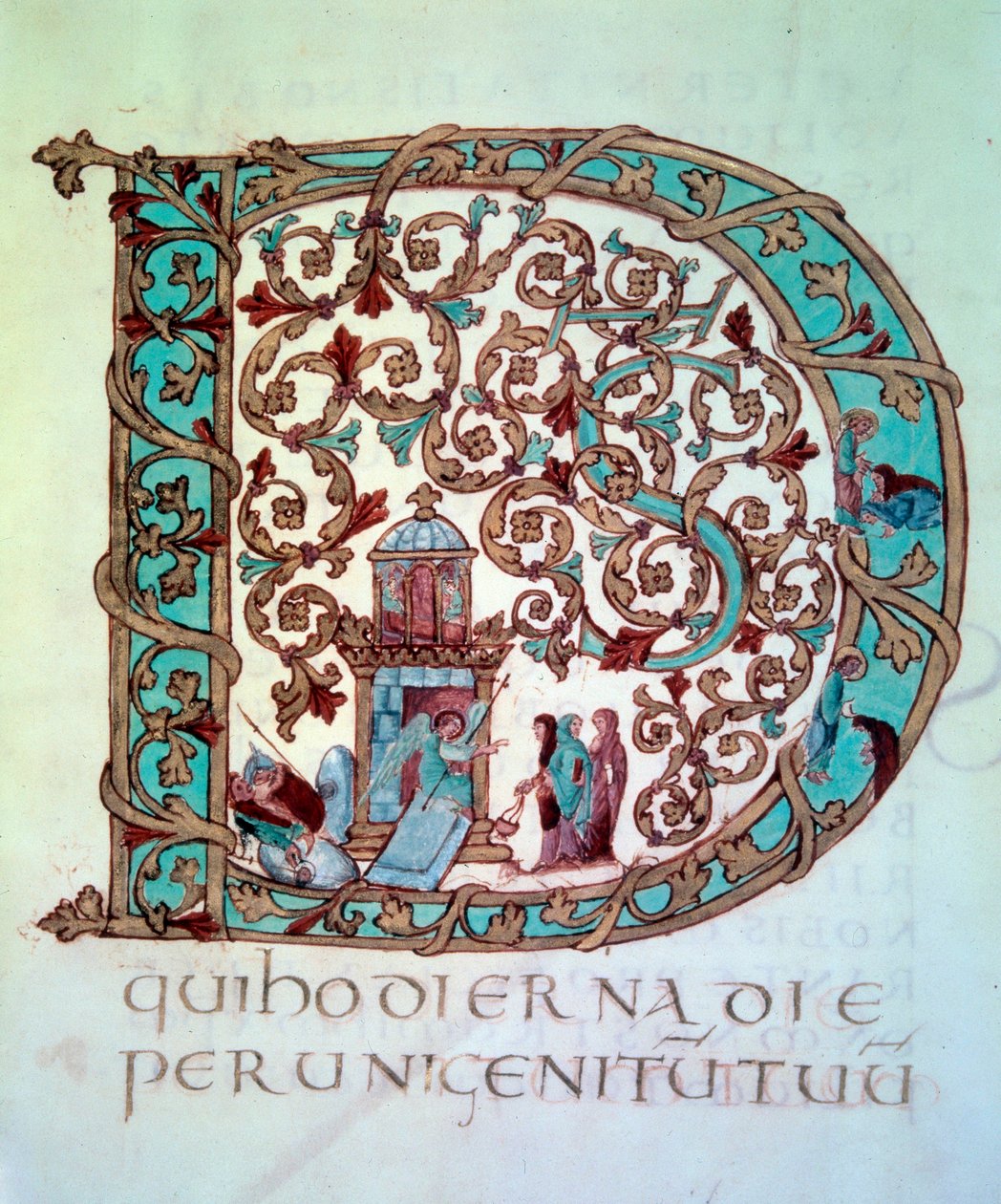Colección de Pascua: gran inicial D ornamentada e historiada (las Santas mujeres en la tumba). Miniatura del Manuscrito 