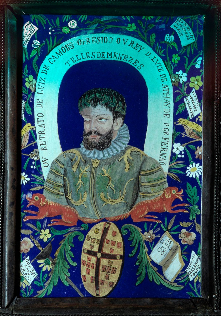 Colección de poemas del poeta portugués Luis Vaz de Camoes (1525-1580) decora retrato. Siglo XVI. Lisboa, Museo Nacional de Arte Antiguo de Unknown artist