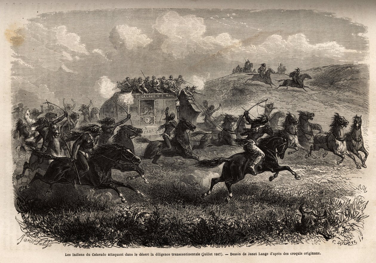Indios de Colorado atacando diligencia transcontinental en el desierto en julio de 1867. Grabado para ilustrar el viaje al lejano oeste americano, por M. L. Simonin, en 1867, publicado en 