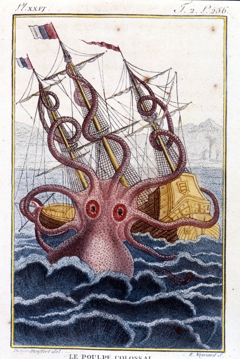 Pulpo colosal atacando un barco - grabado del libro de Pierre Denys-Montfort 