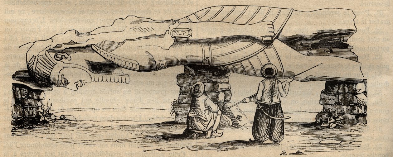 Coloso de Ramsés II encontrado en 1820, cerca de la puerta sur del templo de Ptah ubicado a unos treinta metros de distancia, por el viajero italiano Giovanni Battista Caviglia - grabado de 1838 - La Estatua de Ramsés II descubierta en 1820 por Giovanni B de Unknown artist