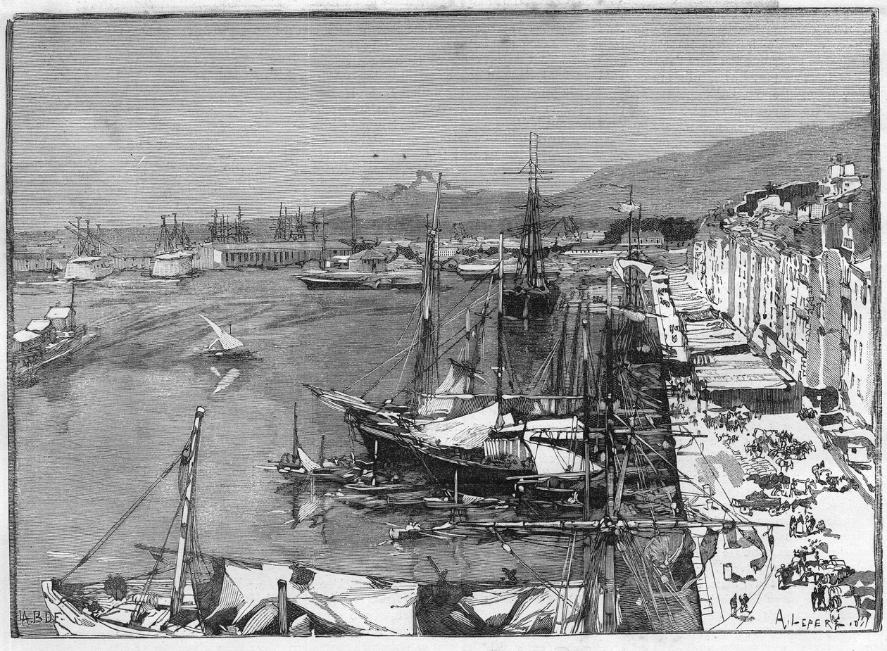 Buque comercial y arsenal en el puerto de Toulon (Var), Francia. Grabado en “Le Monde Illustré”. de Unknown artist