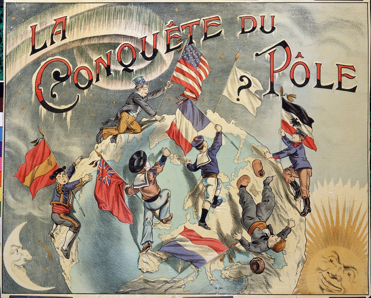 Conquista del Polo: representación de la rivalidad entre diferentes países por la conquista del Polo Norte. Los representantes incluyen España, Estados Unidos, Inglaterra, Holanda, Francia y Alemania. Finales del siglo XIX de Unknown artist