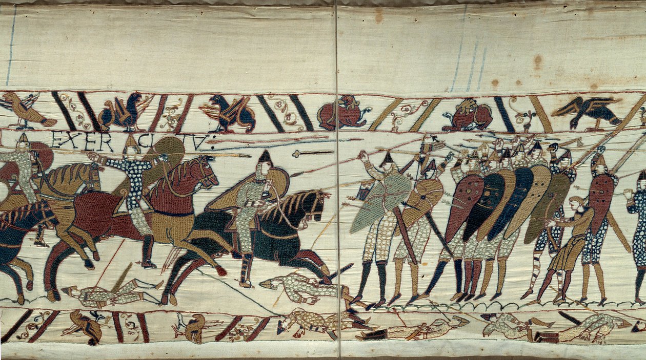 Conquista de Inglaterra por Guillermo el Conquistador (1027-1087) en 1066, escena de combate entre la caballería normanda cargando contra la infantería sajona del rey Harold II de Inglaterra (detalle) Tapiz de Bayeux o Bordado de la Reina Matilde de Unknown artist