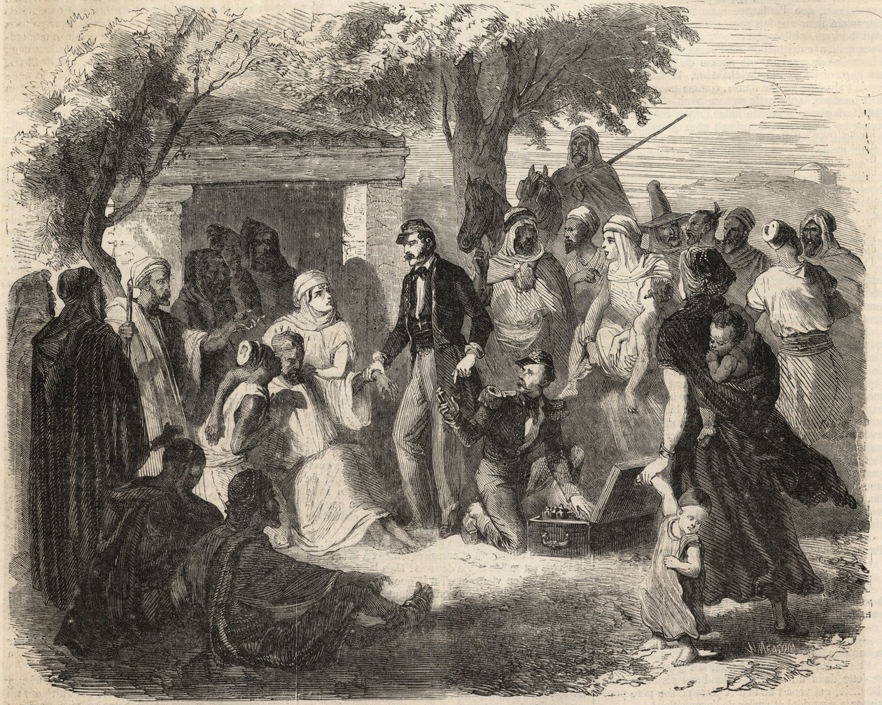 Conquista de Argelia: expedición a la Gran Cabilia en 1857: cirujanos del ejército francés. Grabado en “Le Monde illustré” de 1857. Colección privada. de Unknown artist