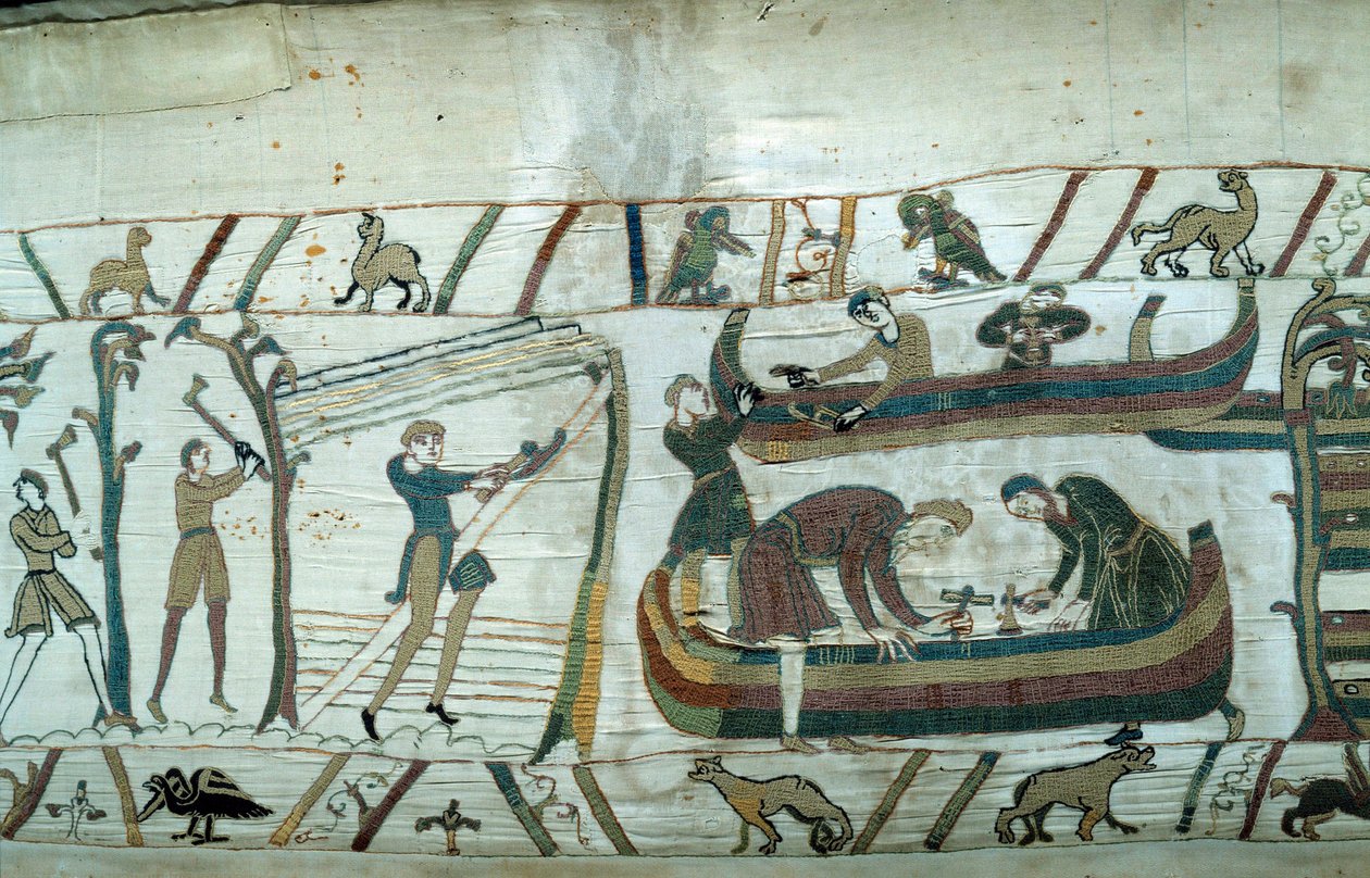 Conquista de Inglaterra por el Duque de Normandía Guillermo el Conquistador (1027-1087): construcción de la flota normanda (detalle) de Unknown artist